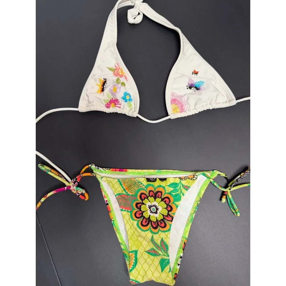 Brazilian Bikini Women's Size M Embroidered Sequin Halter Tie Side Two Piece